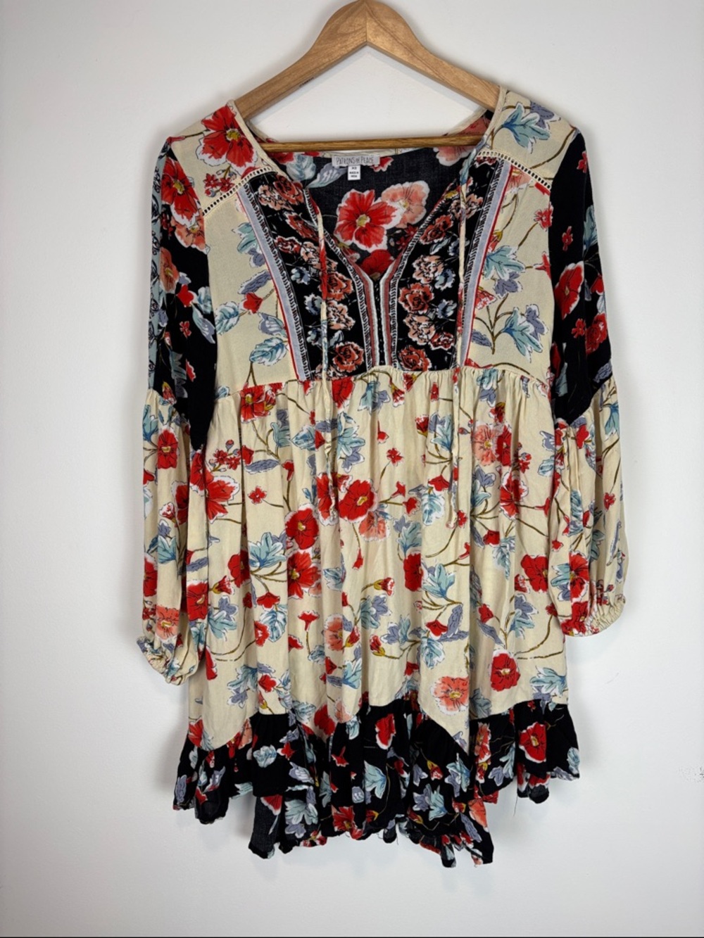 Patrons of Peace Floral Boho Tunic Top Sz XS Oversized Peasant Mini Cream Navy